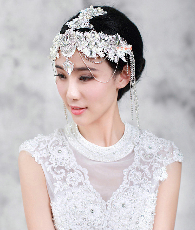 Luxury Wedding Headdress Crystal Rhinestone Lace Flower Tassel Bridal Headband Hair Accessories