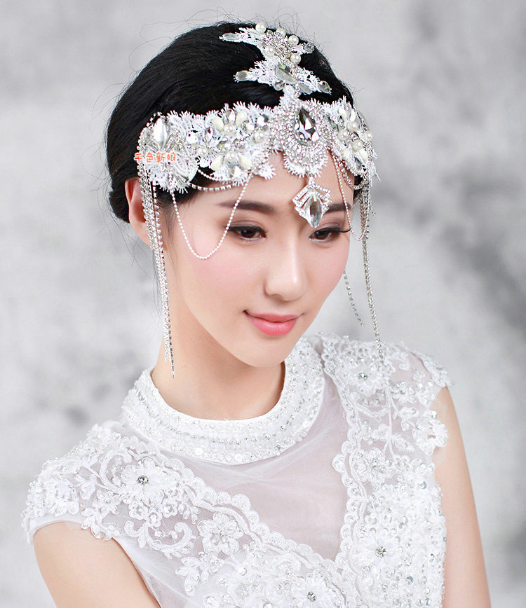 Luxury Wedding Headdress Crystal Rhinestone Lace Flower Tassel Bridal Headband Hair Accessories