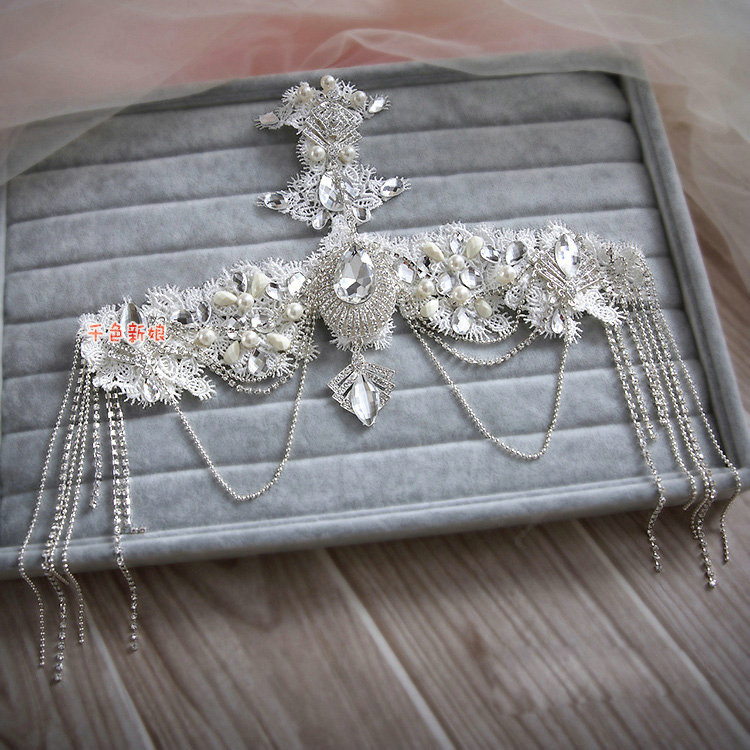 Luxury Wedding Headdress Crystal Rhinestone Lace Flower Tassel Bridal Headband Hair Accessories