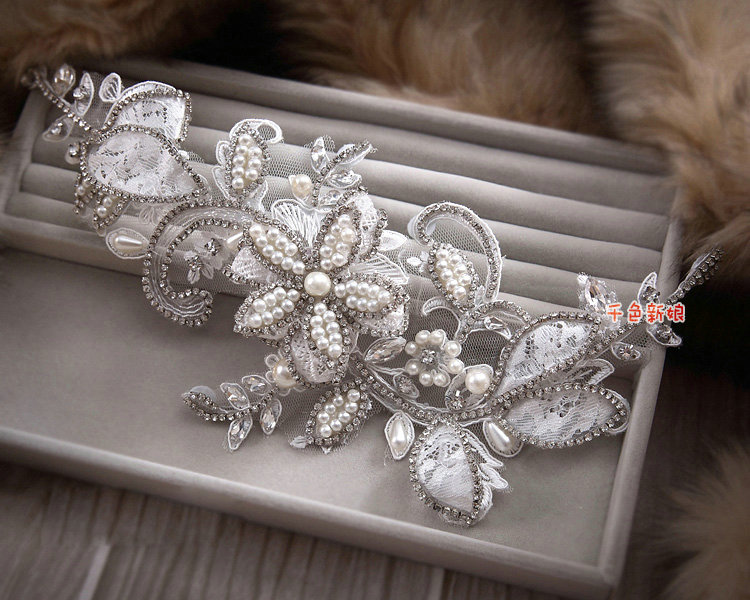 Luxury Wedding Headdress Pearl Rhinestone Crystal Lace Flower Bridal Headband Hair Accessories
