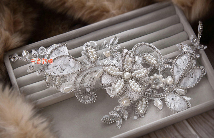 Luxury Wedding Headdress Pearl Rhinestone Crystal Lace Flower Bridal Headband Hair Accessories
