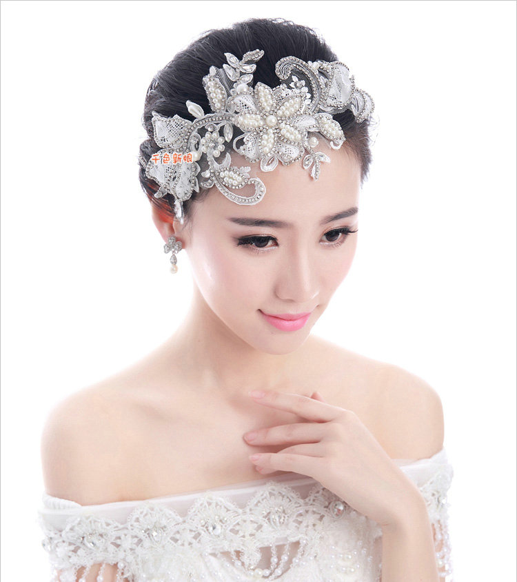Luxury Wedding Headdress Pearl Rhinestone Crystal Lace Flower Bridal Headband Hair Accessories