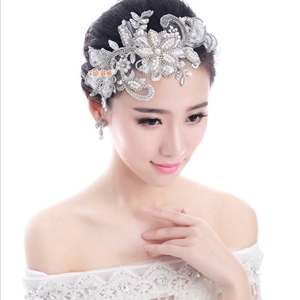 Luxury Wedding Headdress Pearl Rhinestone Crystal Lace Flower Bridal Headband Hair Accessories