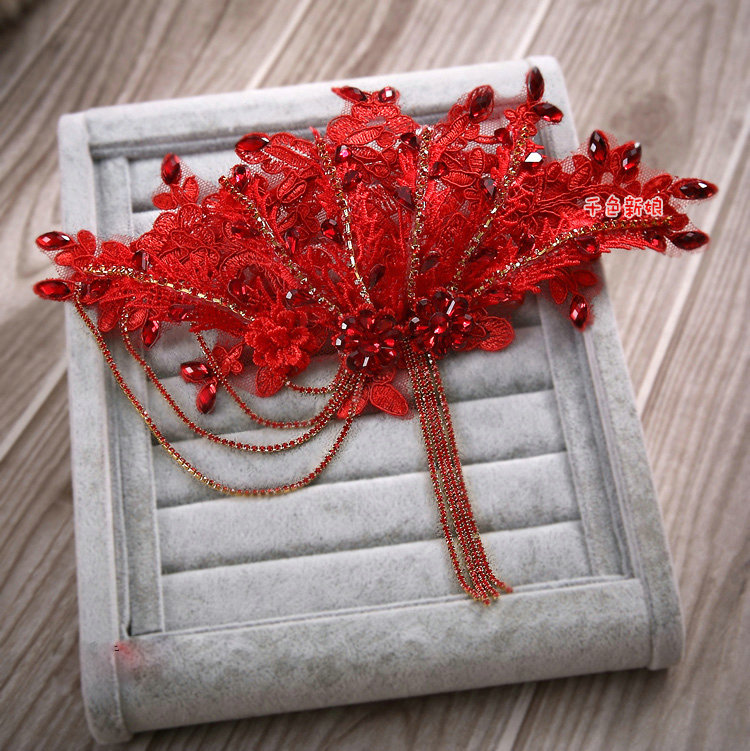Luxury Wedding Headdress Red Tassel Rhinestone Crystal Lace Flower Bridal Headband Hair Accessories