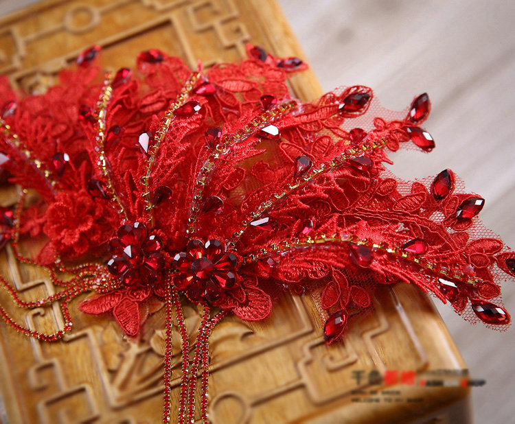 Luxury Wedding Headdress Red Tassel Rhinestone Crystal Lace Flower Bridal Headband Hair Accessories
