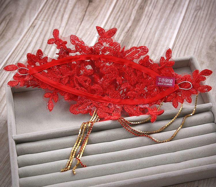 Luxury Wedding Headdress Red Tassel Rhinestone Crystal Lace Flower Bridal Headband Hair Accessories