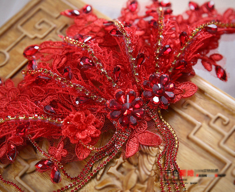 Luxury Wedding Headdress Red Tassel Rhinestone Crystal Lace Flower Bridal Headband Hair Accessories