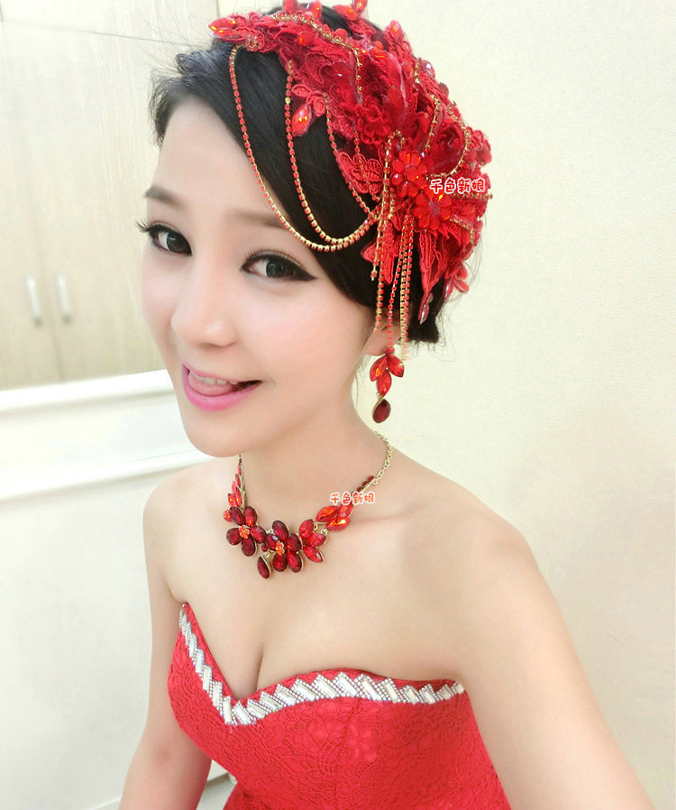 Luxury Wedding Headdress Red Tassel Rhinestone Crystal Lace Flower Bridal Headband Hair Accessories