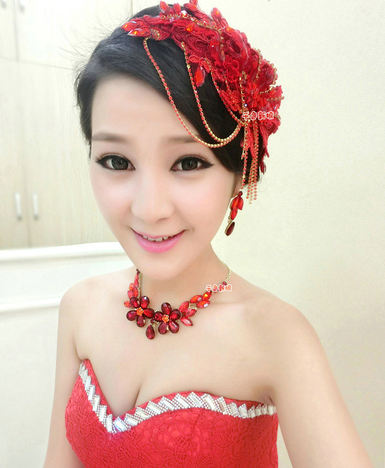Luxury Wedding Headdress Red Tassel Rhinestone Crystal Lace Flower Bridal Headband Hair Accessories