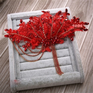 Luxury Wedding Headdress Red Tassel Rhinestone Crystal Lace Flower Bridal Headband Hair Accessories