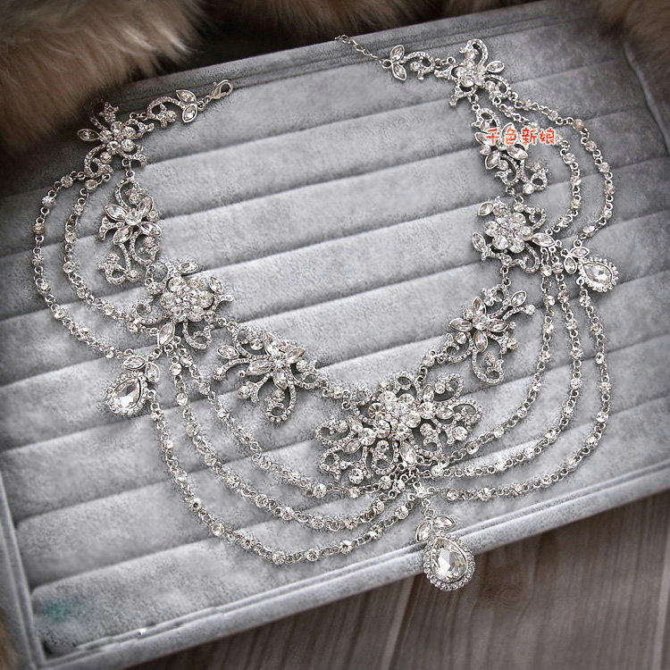 Luxury Wedding Headdress Rhinestone Crystal Flower Tassel Bridal Headband Hair Accessories