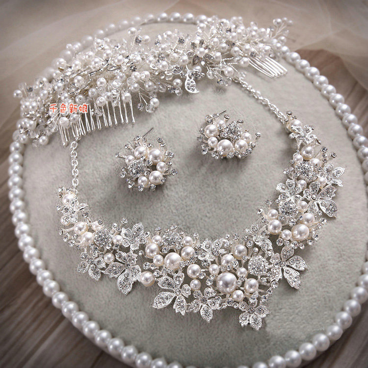 Luxury Wedding Jewellery Pearl Crystal Beads Flower Rhinestone Bridal Headband Earrings Necklace Sets