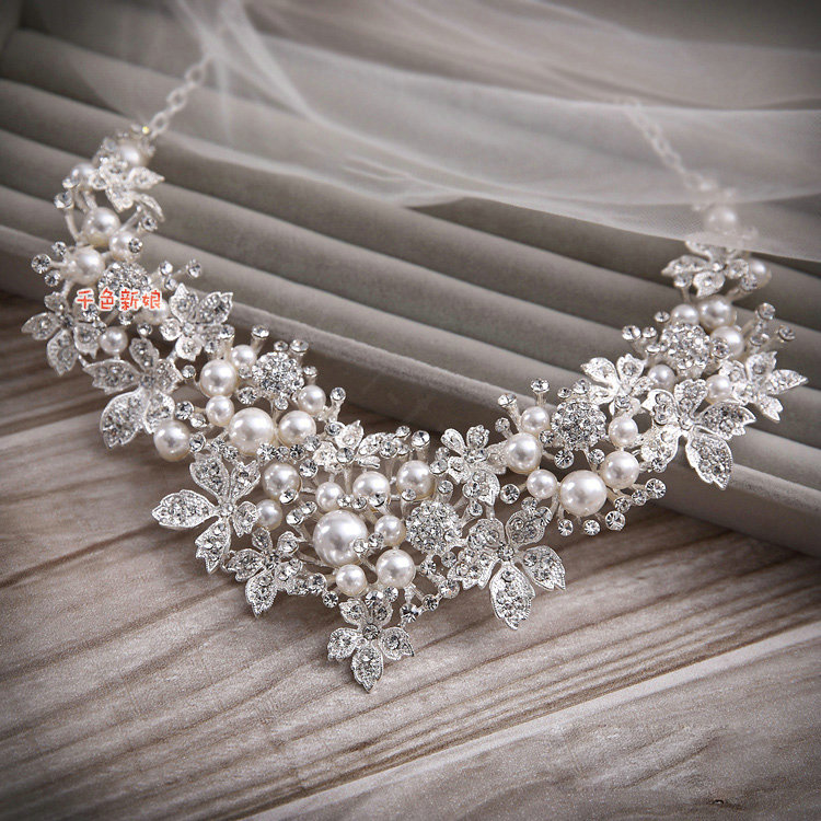Luxury Wedding Jewellery Pearl Crystal Beads Flower Rhinestone Bridal Headband Earrings Necklace Sets