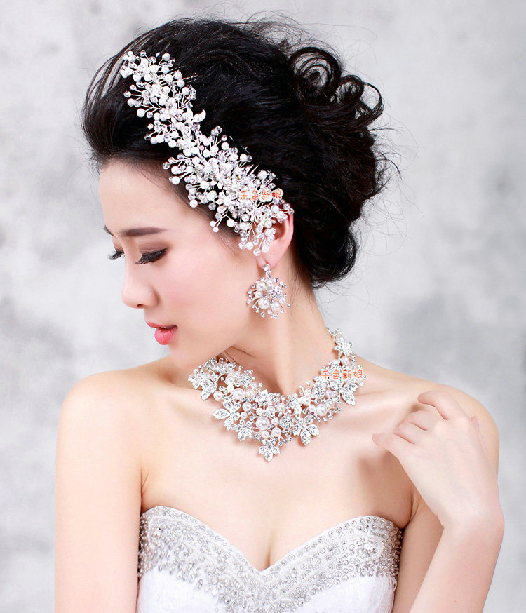 Luxury Wedding Jewellery Pearl Crystal Beads Flower Rhinestone Bridal Headband Earrings Necklace Sets