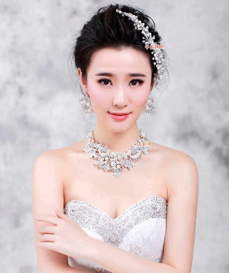 Luxury Wedding Jewellery Pearl Crystal Beads Flower Rhinestone Bridal Headband Earrings Necklace Sets