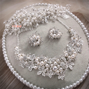 Luxury Wedding Jewellery Pearl Crystal Beads Flower Rhinestone Bridal Headband Earrings Necklace Sets