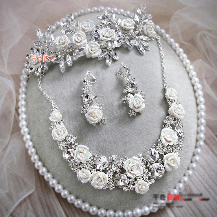 Luxury Wedding Jewellery Porcelain Flower Crystal Rhinestone Bridal Headband Earrings Necklace Sets