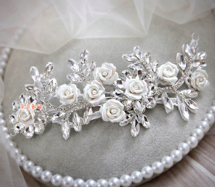 Luxury Wedding Jewellery Porcelain Flower Crystal Rhinestone Bridal Headband Earrings Necklace Sets
