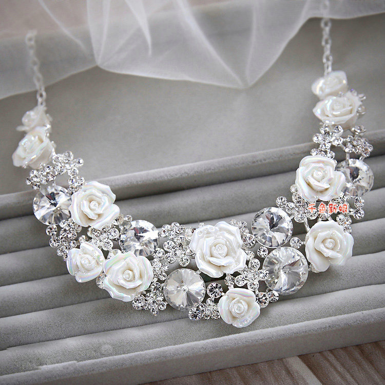 Luxury Wedding Jewellery Porcelain Flower Crystal Rhinestone Bridal Headband Earrings Necklace Sets