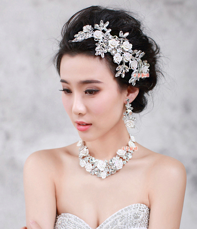 Luxury Wedding Jewellery Porcelain Flower Crystal Rhinestone Bridal Headband Earrings Necklace Sets