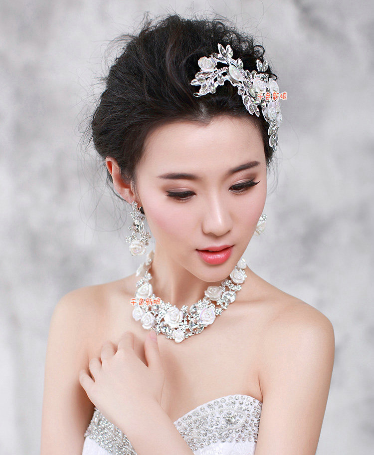 Luxury Wedding Jewellery Porcelain Flower Crystal Rhinestone Bridal Headband Earrings Necklace Sets