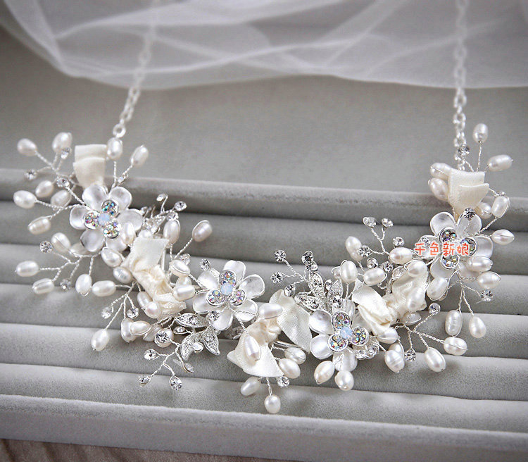 Luxury Wedding Jewellery Porcelain Pearl Flower Crystal Rhinestone Bridal Necklace Earrings Sets