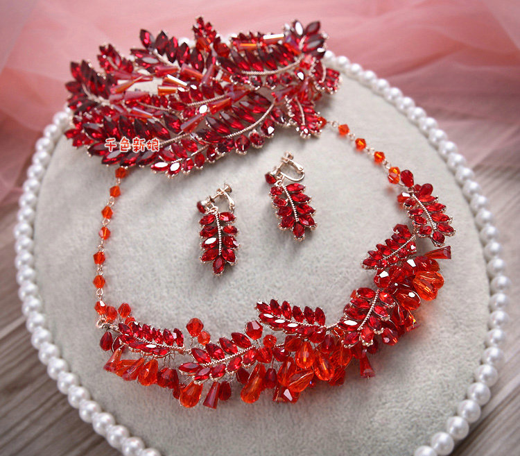 Luxury Wedding Jewellery Red Crystal Beads Flower Rhinestone Bridal Headband Earrings Necklace Sets