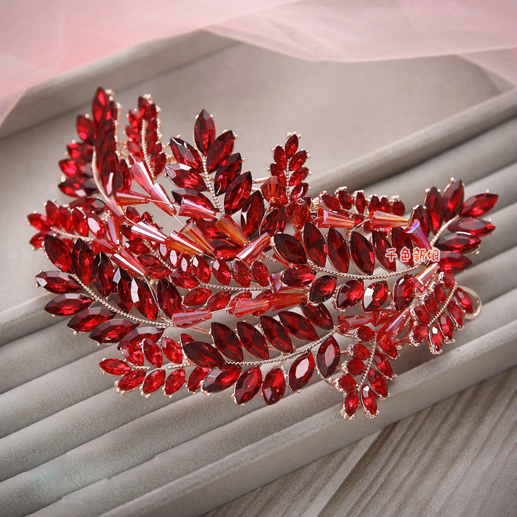 Luxury Wedding Jewellery Red Crystal Beads Flower Rhinestone Bridal Headband Earrings Necklace Sets
