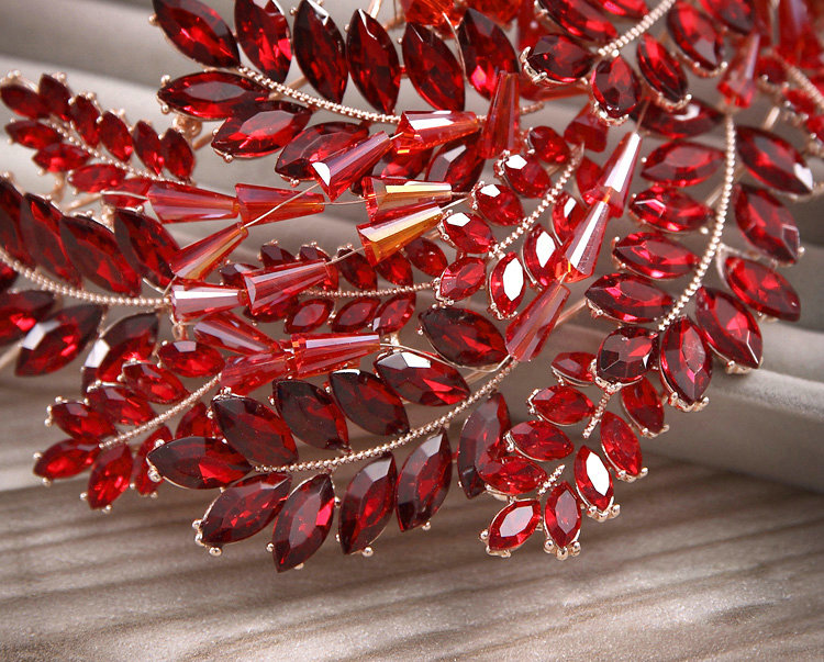 Luxury Wedding Jewellery Red Crystal Beads Flower Rhinestone Bridal Headband Earrings Necklace Sets