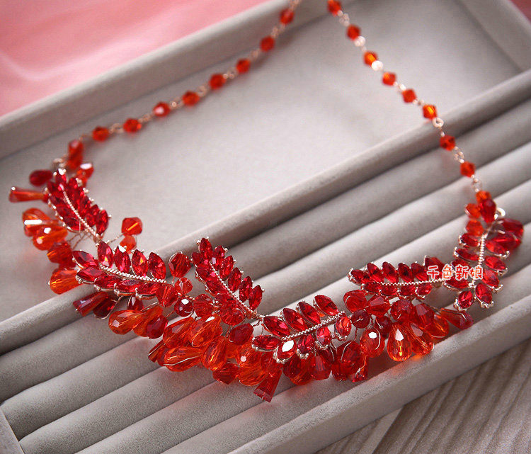 Luxury Wedding Jewellery Red Crystal Beads Flower Rhinestone Bridal Headband Earrings Necklace Sets