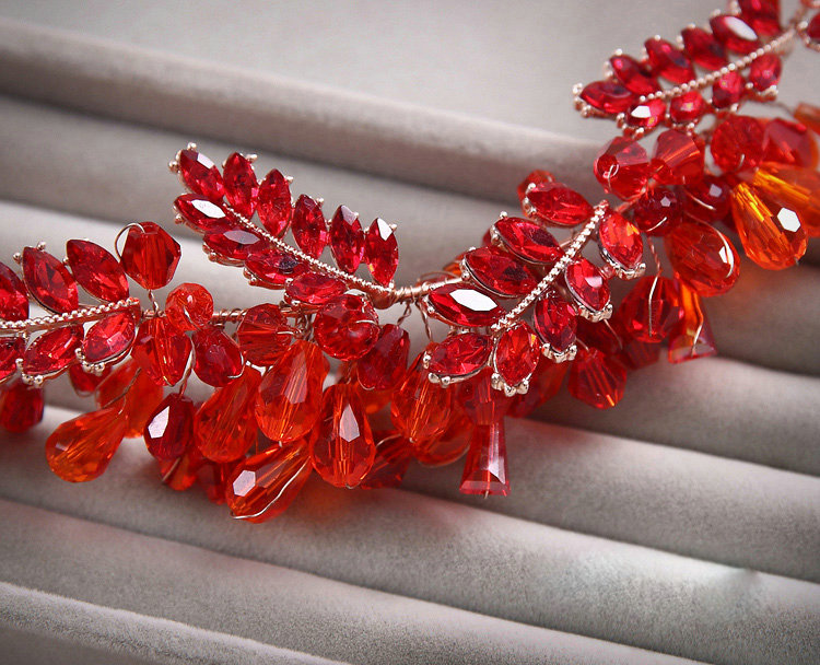Luxury Wedding Jewellery Red Crystal Beads Flower Rhinestone Bridal Headband Earrings Necklace Sets