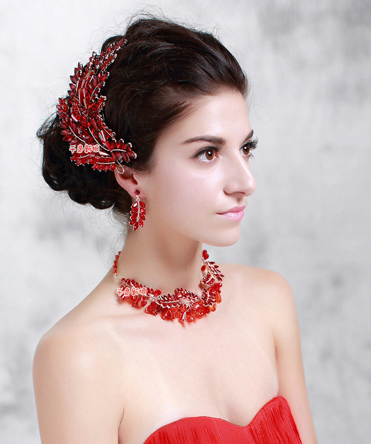 Luxury Wedding Jewellery Red Crystal Beads Flower Rhinestone Bridal Headband Earrings Necklace Sets