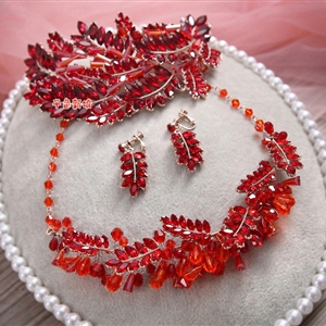 Luxury Wedding Jewellery Red Crystal Beads Flower Rhinestone Bridal Headband Earrings Necklace Sets