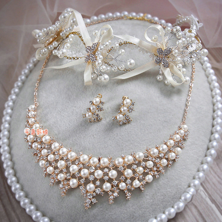 Luxury Wedding Jewelry Sets By hand Lace Pearl Crystal Flower Headband & Earrings & Bridal Necklace