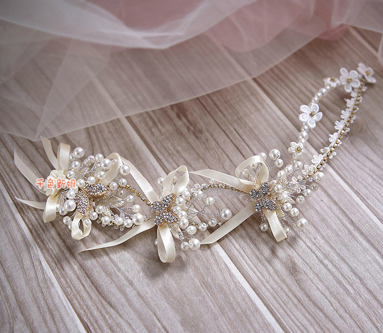 Luxury Wedding Jewelry Sets By hand Lace Pearl Crystal Flower Headband & Earrings & Bridal Necklace