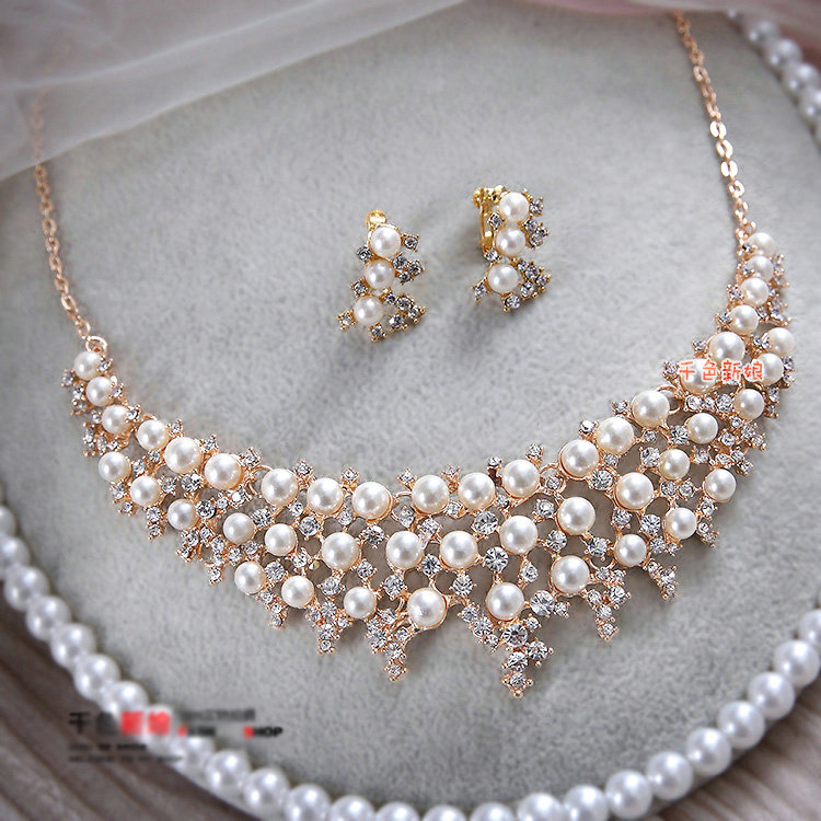 Luxury Wedding Jewelry Sets By hand Lace Pearl Crystal Flower Headband & Earrings & Bridal Necklace
