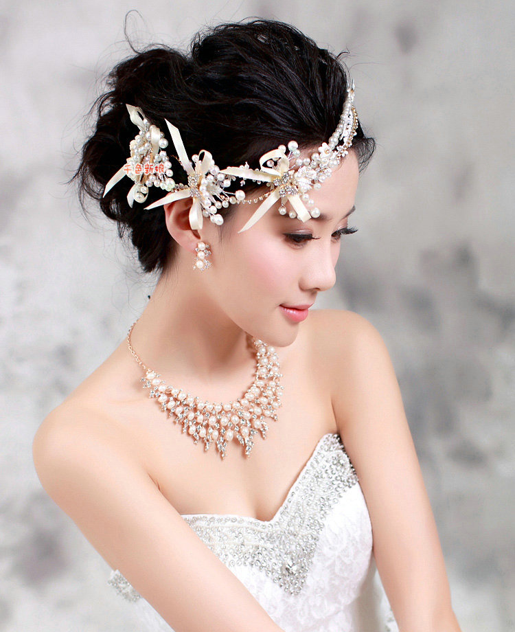 Luxury Wedding Jewelry Sets By hand Lace Pearl Crystal Flower Headband & Earrings & Bridal Necklace