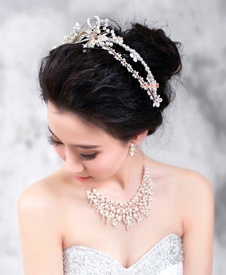 Luxury Wedding Jewelry Sets By hand Lace Pearl Crystal Flower Headband & Earrings & Bridal Necklace