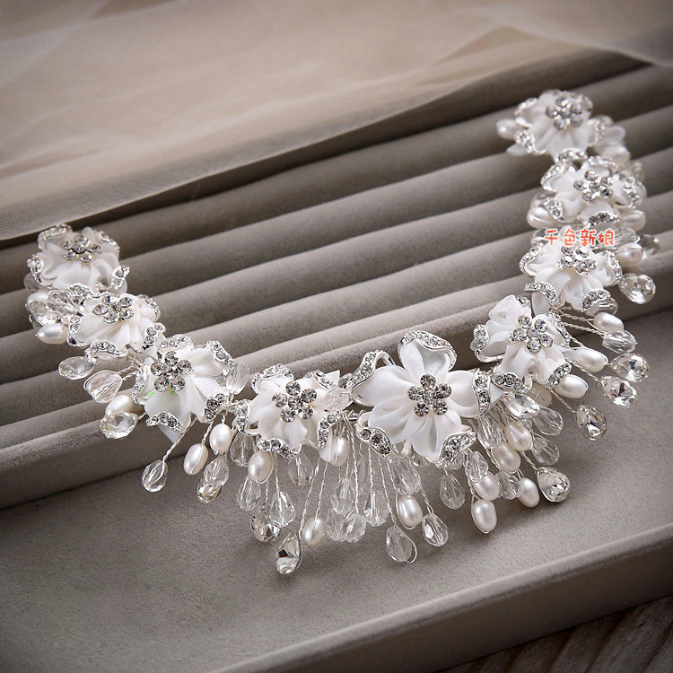 Luxury Wedding Rhinestone Pearl Crystal Beads Lace Flower Tiaras Bridal Crown Hair Accessories