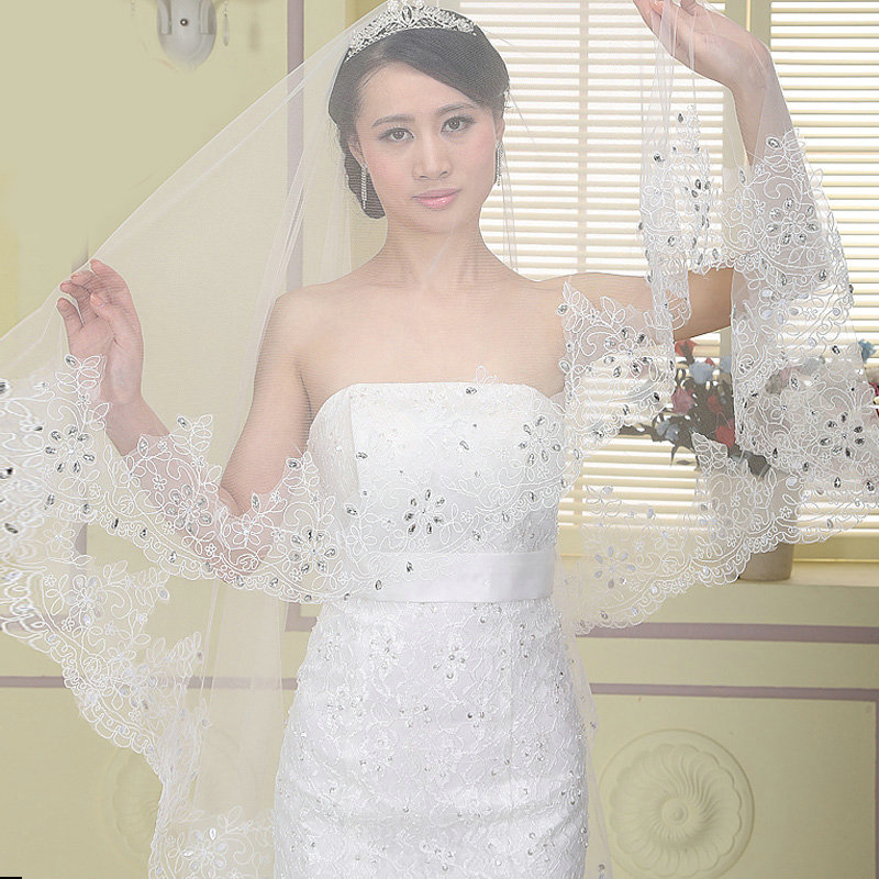 Luxury White Lace Flower Edge Tulle Rhinestone Custom 3M Long Bridal Wedding Veil