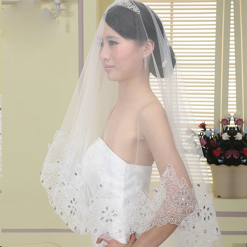 Luxury White Lace Flower Edge Tulle Rhinestone Custom 3M Long Bridal Wedding Veil