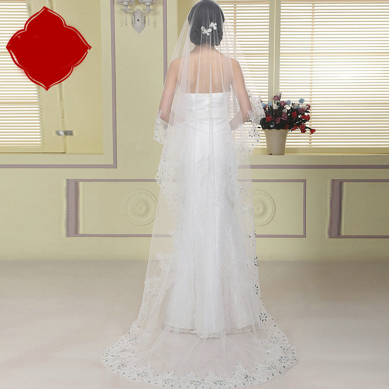 Luxury White Lace Flower Edge Tulle Rhinestone Custom 3M Long Bridal Wedding Veil