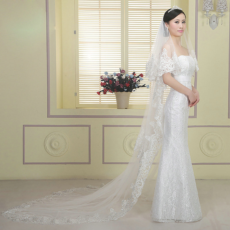 Luxury White Lace Flower Edge Tulle Sequins Custom 3M Long Bridal Wedding Veil With Comb
