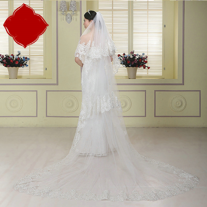 Luxury White Lace Flower Edge Tulle Sequins Custom 3M Long Bridal Wedding Veil With Comb