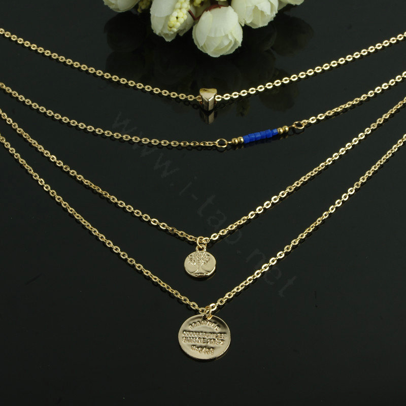 New Fashion Women Multi layer Gold-plated Peach Heart Metal Sequins Blue Crystal Necklace Clavicle Chain