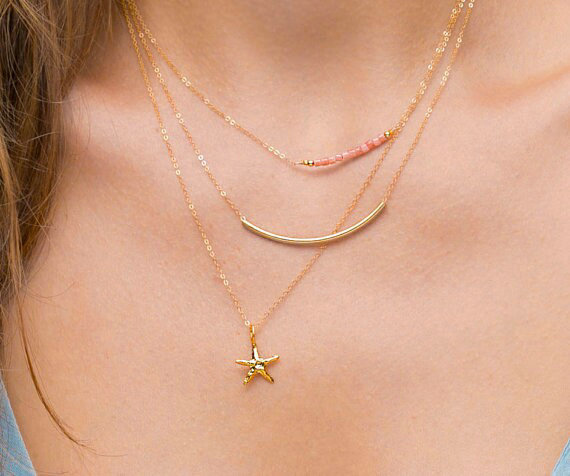 New Fashion Women Multi layer Gold-plated Pink Beads Starfish Metal Elbow Necklace Clavicle Chain
