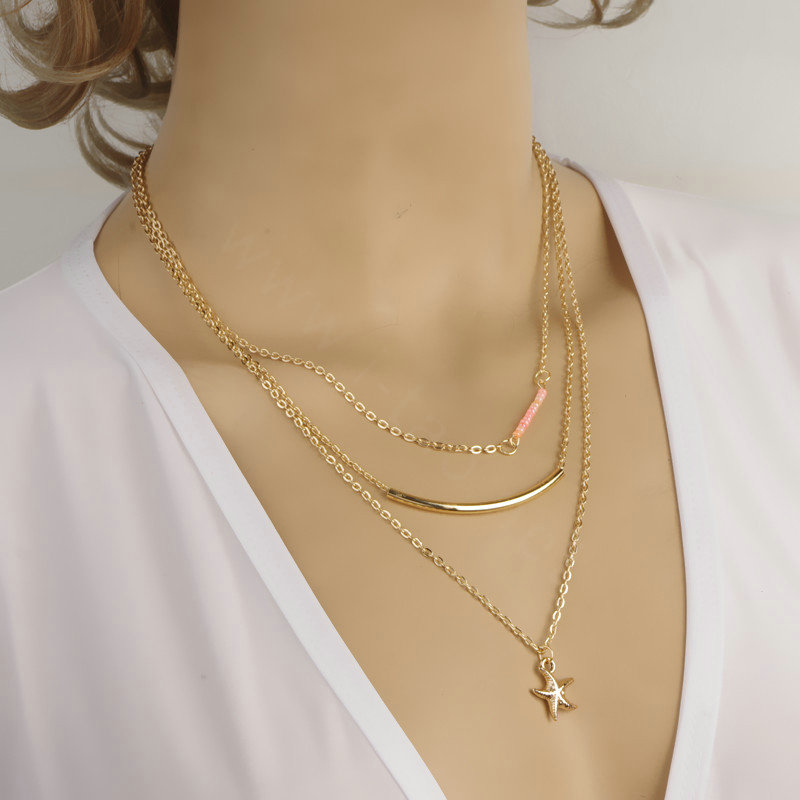 New Fashion Women Multi layer Gold-plated Pink Beads Starfish Metal Elbow Necklace Clavicle Chain
