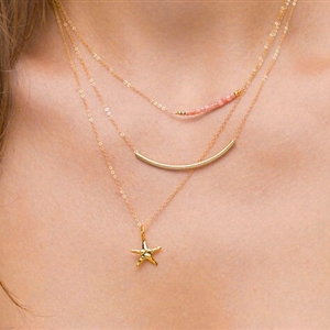 New Fashion Women Multi layer Gold-plated Pink Beads Starfish Metal Elbow Necklace Clavicle Chain