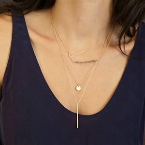 New Fashion Women Multi layer Gold-plated Triangle Metal Bar Sequins Crystal Bead Necklace Clavicle Chain