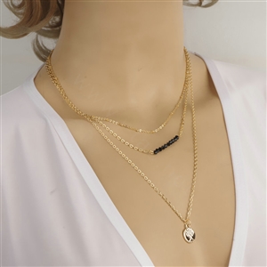 New Retro Women Gold-plated Multi layer Black Crystal Beads Metal Sequins Necklace Clavicle Chain